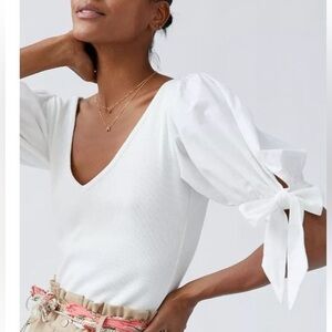 MAEVE ANTHROPOLOGIE Puff-Sleeved Top. White.  Size L Tie Cuff V-Neck Blouse